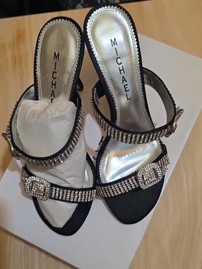 B2 Michaels Black Satin Heeled Sandals with Rhinestone Straps
